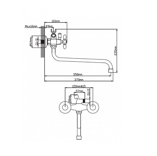 Смеситель для ванны и умывальника двухручковый черный/хром Potato Эверест B 22-071F