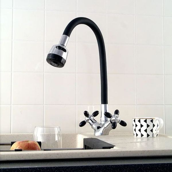 Смеситель для кухни двухручковый  черный с хромом  Potato Эверест B57-071F