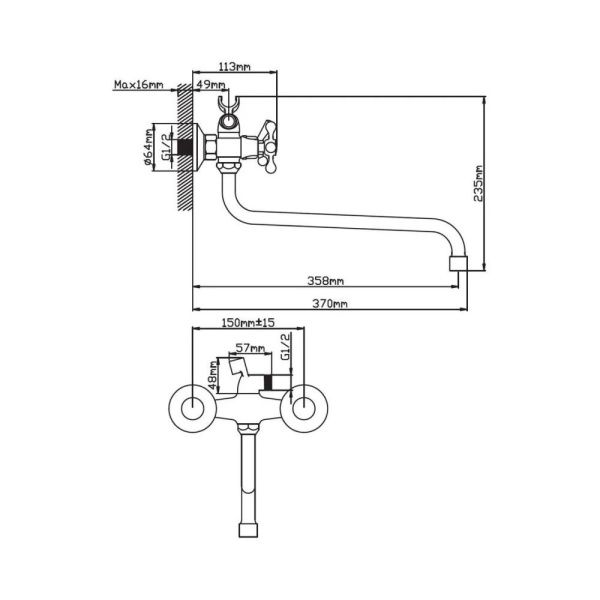 Смеситель для ванны и умывальника двухручковый  хром  Potato Эверест B22-065