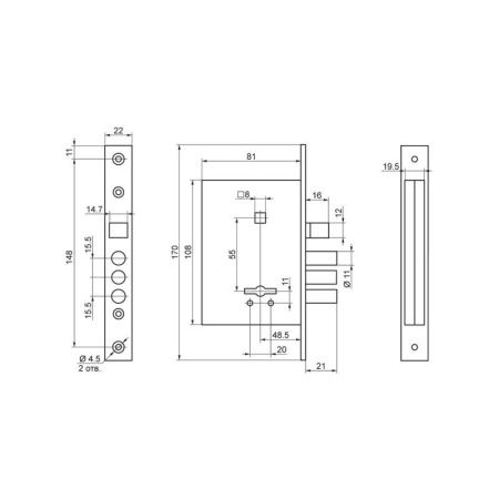 Замок врезной сувальдный с защёлкой в комплекте с ручкой ЗВ9-6/13 (медный антик)