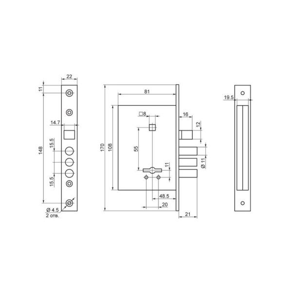 Замок врезной сувальдный с защёлкой в комплекте с ручкой ЗВ9-6/13 (медный антик)