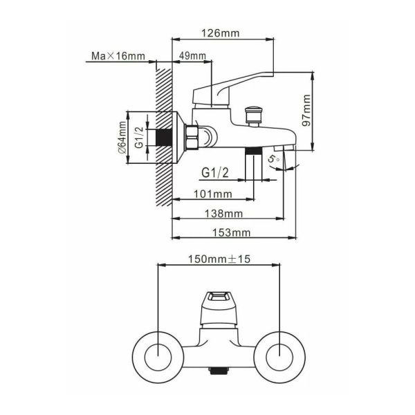 Смеситель для ванны и душа монокомандный  хром  Potato Эверест B30-028