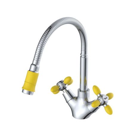 Смеситель для кухни двухручковый  желтый с хромом  Potato Эверест B58-071B