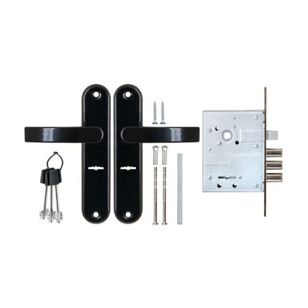 Замок врезной сувальдный с защёлкой в комплекте с ручкой ЗВ9-6/13 (черный глянец)