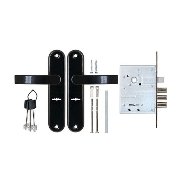 Замок врезной сувальдный с защёлкой в комплекте с ручкой ЗВ9-6/13 (черный глянец)