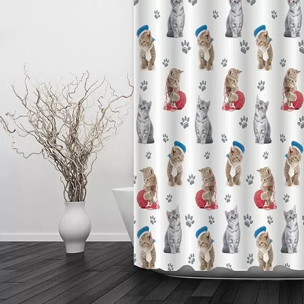 Штора для ванной тканевая белая, котята ВТ-823826 , "Дорофей", 180*180